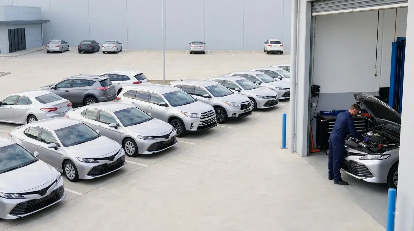 A DriveX fleet lined up beside a workshop bay